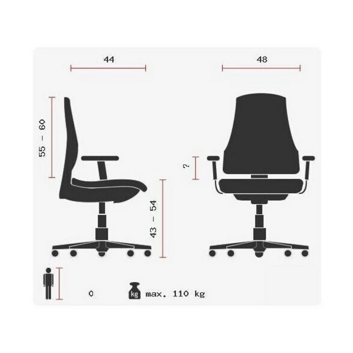 Dibujo técnico de la Silla de oficina profesional SITNESS 15 U2 con una capacidad de carga máxima de 110 kg de Topstar