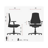 Dibujo técnico de la Silla de oficina profesional SITNESS 15 U2 con una capacidad de carga máxima de 110 kg de Topstar