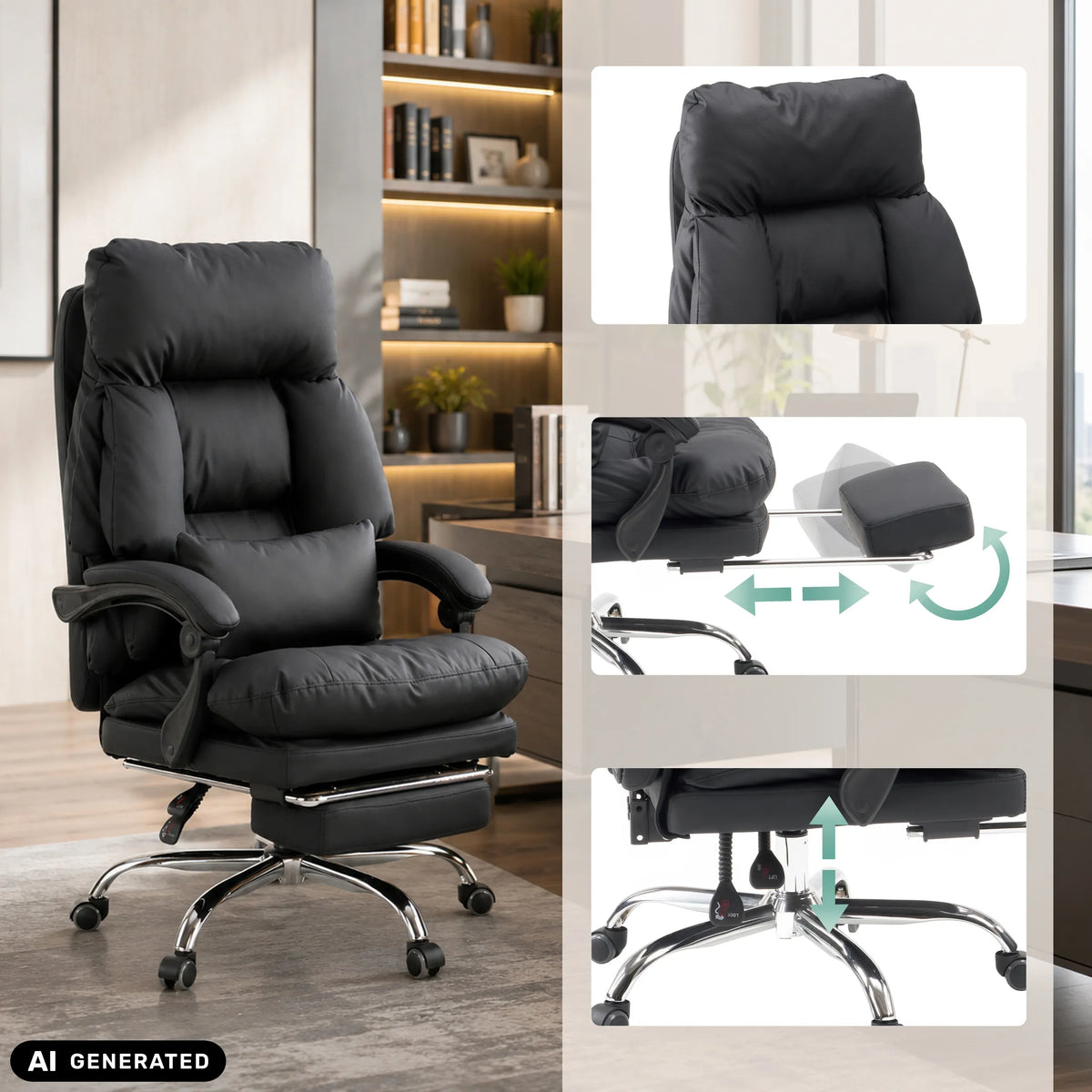 Sillón de oficina Home Office Relax Legoro negro con reposapiés extensible y reposabrazos de MyBuero