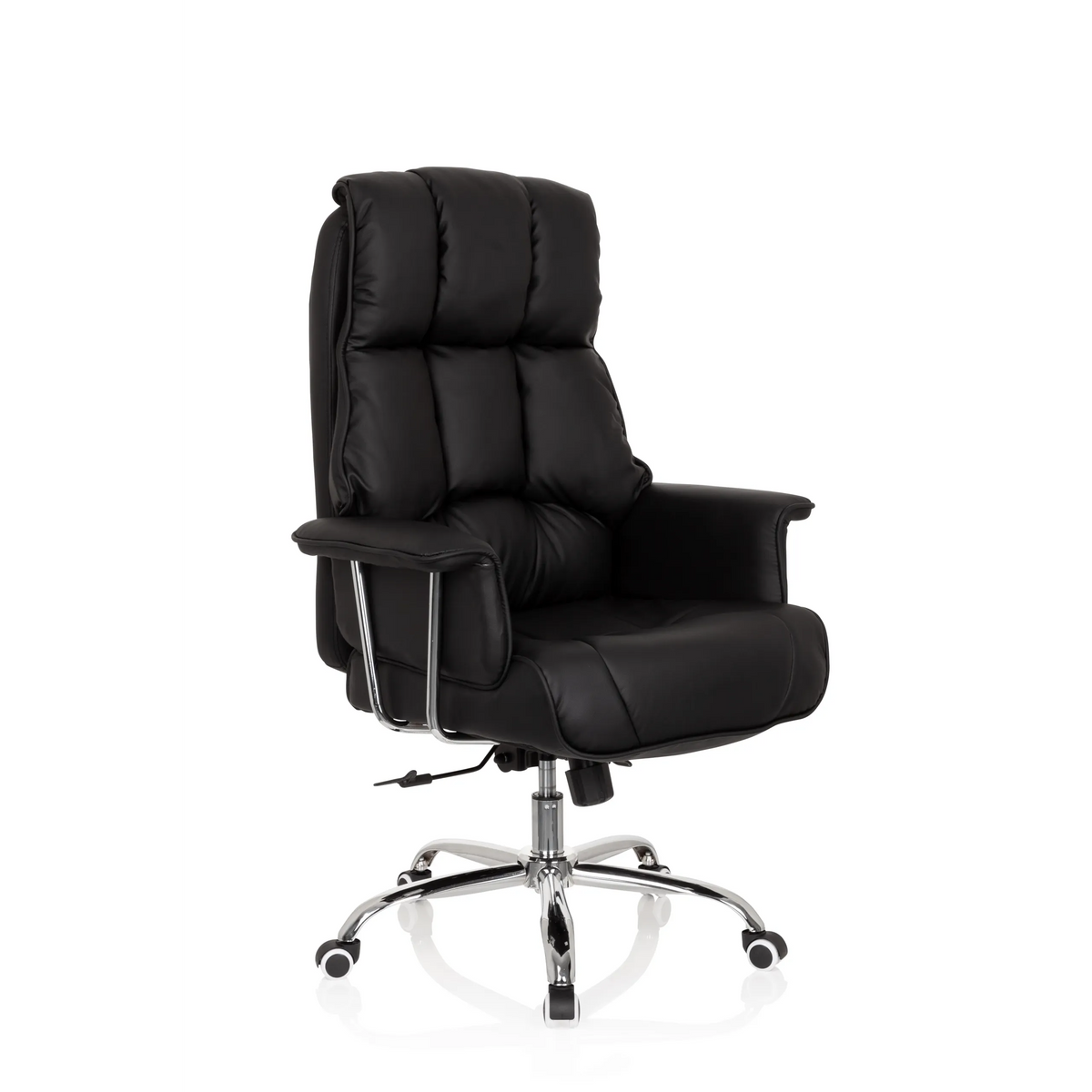 Sillón de oficina profesional COMMANDER negro con tapicería acolchada y base de cinco ruedas de hjh OFFICE – vista de 360° (vista frontal en diagonal 40°)