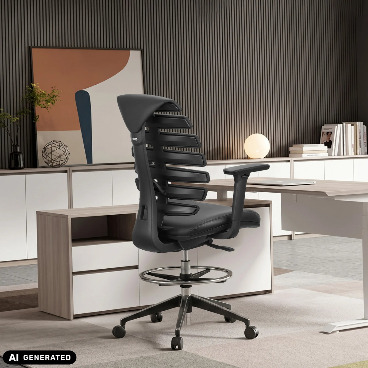 Silla de mostrador ERGO LINE II WORK de cuero negro con respaldo y aro reposapiés de hjh OFFICE (imagen generada por IA)
