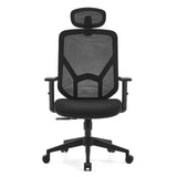 Silla Home Office BLACORE negra con respaldo de malla, reposacabezas y base de cinco ruedas de MyBuero – vista de 360° (vista frontal 0°)