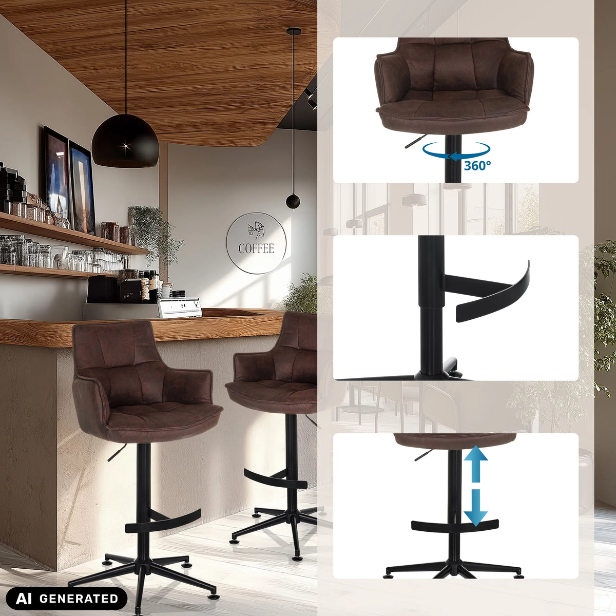 Taburete de bar SOLAO LIFE HIGH marrón con elevador de gas, reposapiés y función giratoria de 360 grados de hjh LIVING (imagen generada por IA)