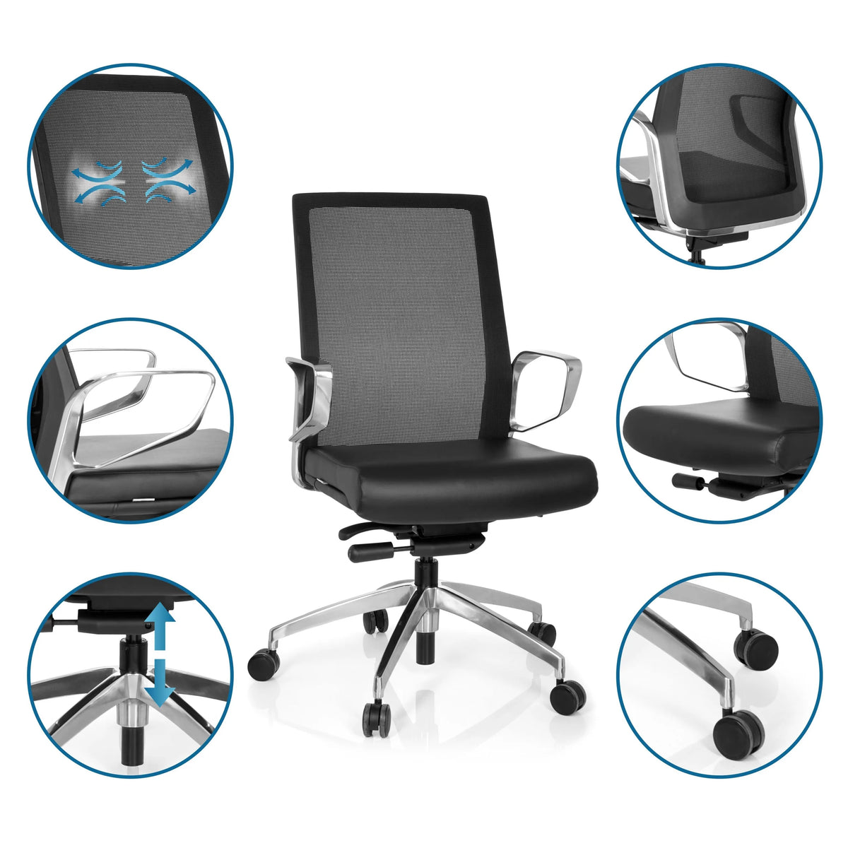 Silla de oficina profesional PROVIDER NET en negro con respaldo de malla, reposabrazos y base regulable en altura de hjh OFFICE