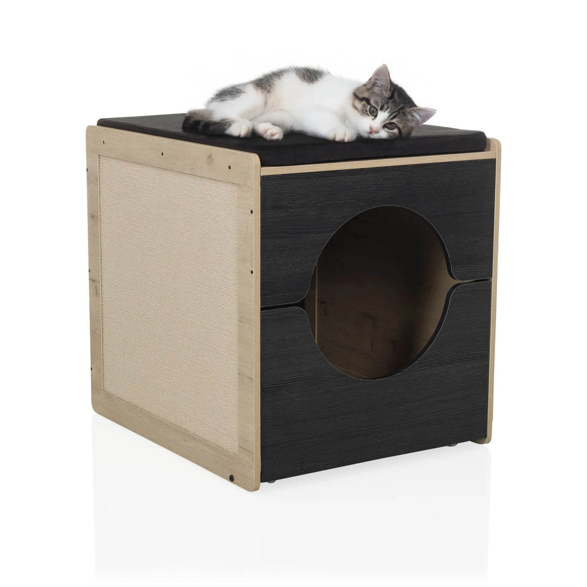 Casa para gatos KITTY PAWBOX 2 en negro y roble con un gato tumbado en el tejado de hjh LIVING