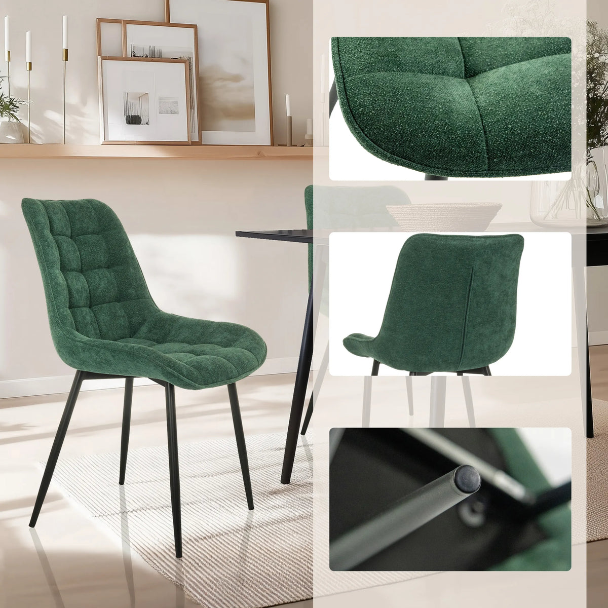 Silla de comedor ELARIS en color petróleo con tapicería acolchada y patas negras, incluyendo vistas detalladas de hjh LIVING