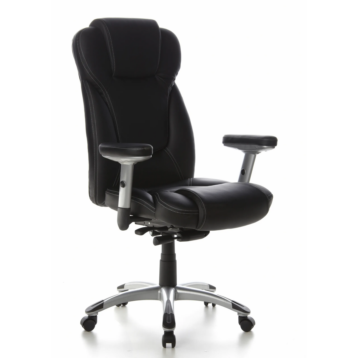 Sillón de oficina profesional EMBASSY 200 negro con reposabrazos y base de cinco ruedas de hjh OFFICE – vista de 360° (vista frontal en diagonal 40°)