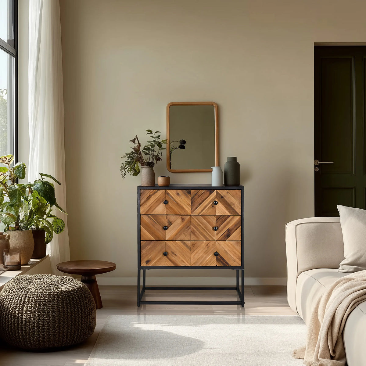 Aparador SANTJAGO BLACK SUN L con tres cajones en colores madera oscura y estructura de metal negro de hjh LIVING