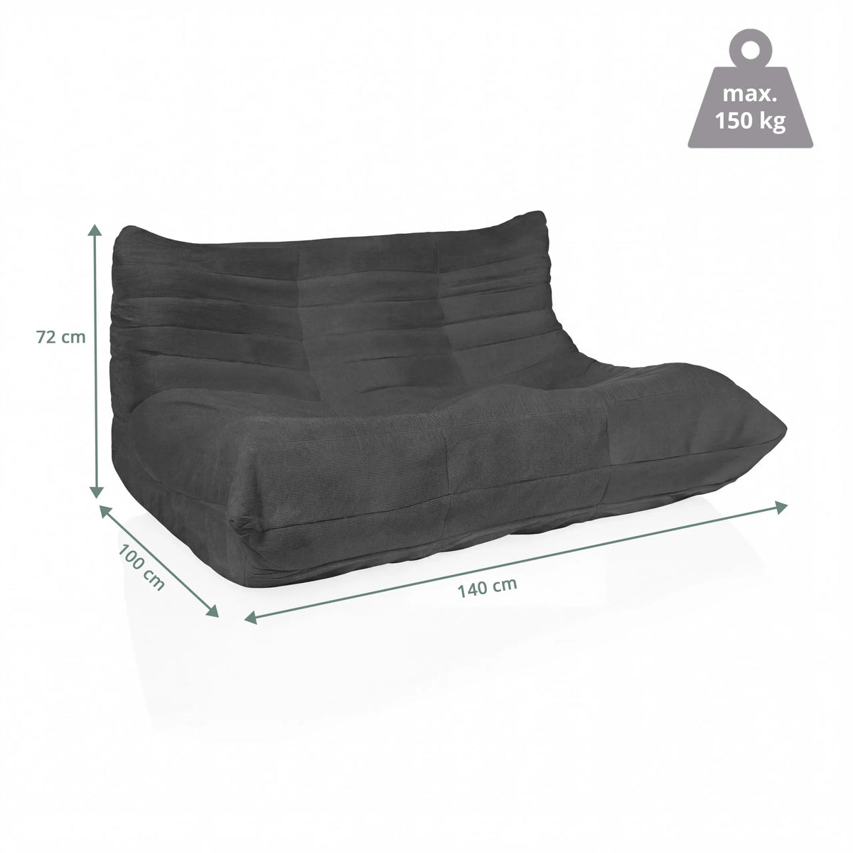 Plano dimensional del Sillón de diseño Sitzolo 2 de 140 × 100 cm y carga máxima de 150 kg de hjh LIVING