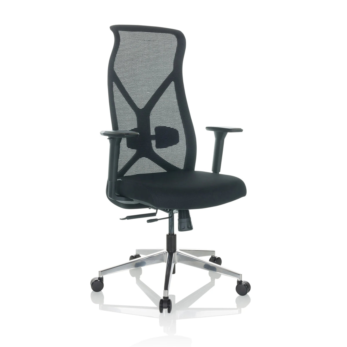 Silla de oficina profesional AZURRO B negra con respaldo de malla y base de cinco ruedas de hjh OFFICE – vista de 360° (vista frontal en diagonal 30°)