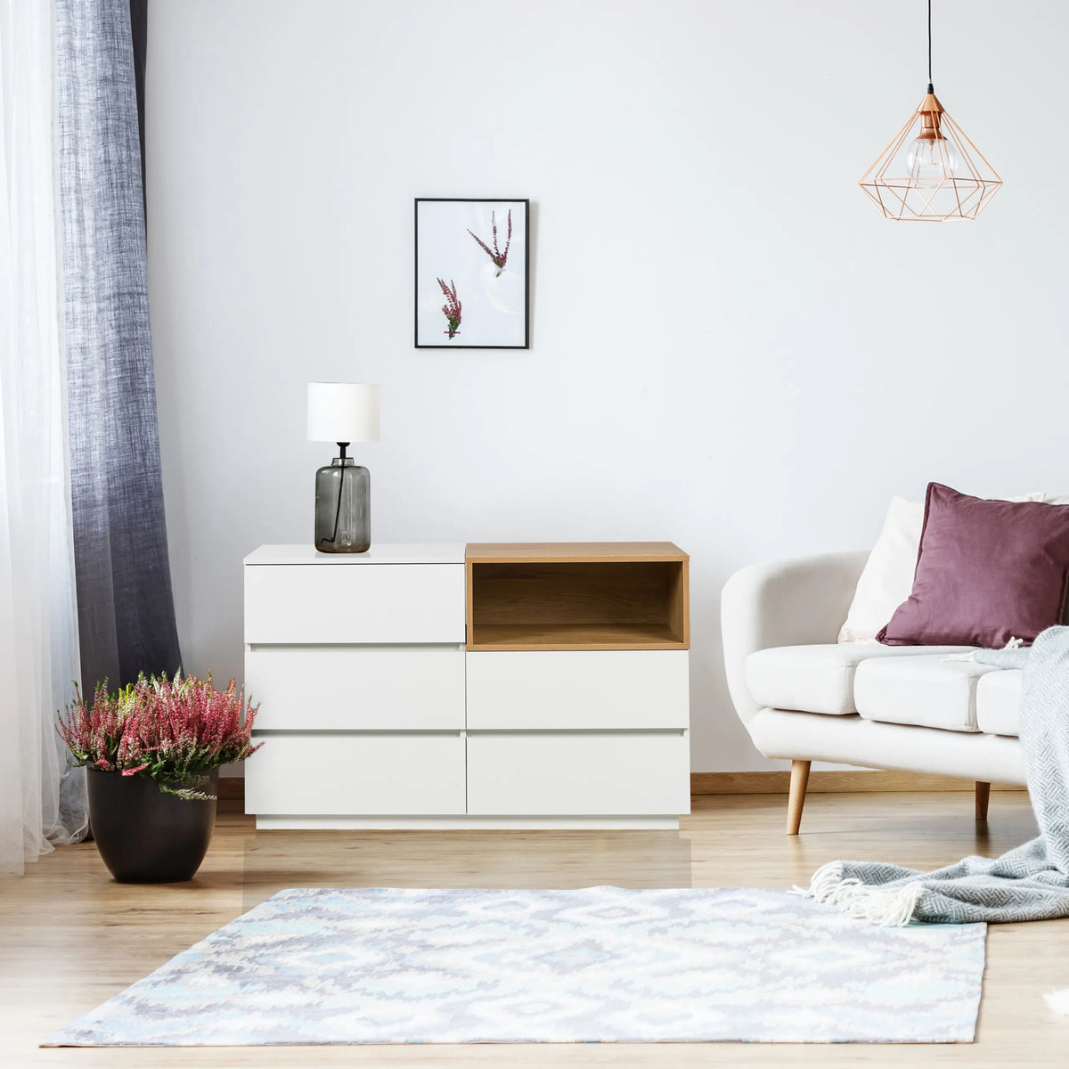 Aparador MELMO S en blanco y roble con tres cajones y un estante abierto de hjh LIVING