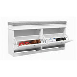 Armario zapatero Estha 11 blanco con cojín de asiento gris y dos compartimentos abatibles abiertos para zapatos de hjh LIVING