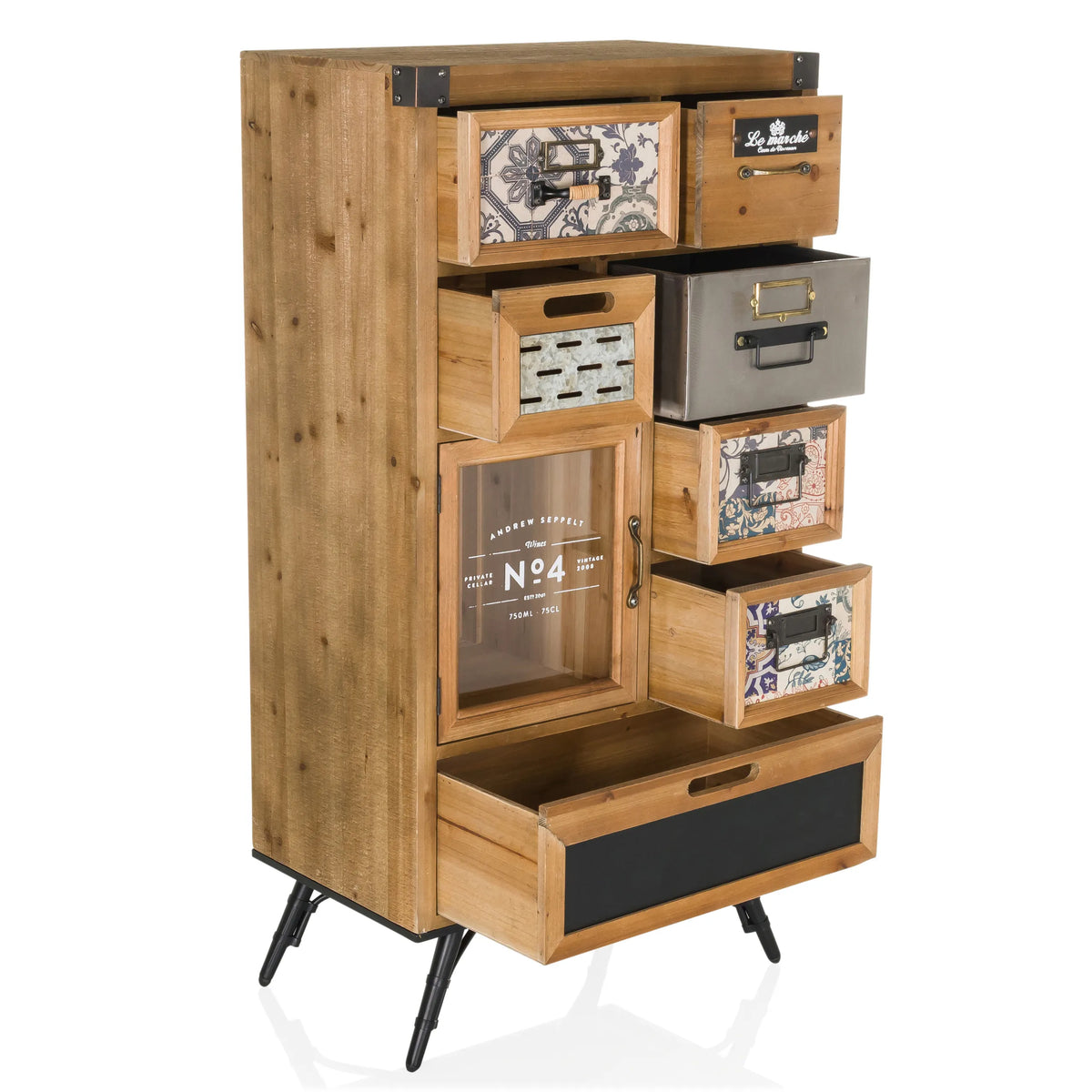 Aparador CONTINENTO S con efecto madera con varios cajones, un armario de cristal y patas negras de hjh LIVING