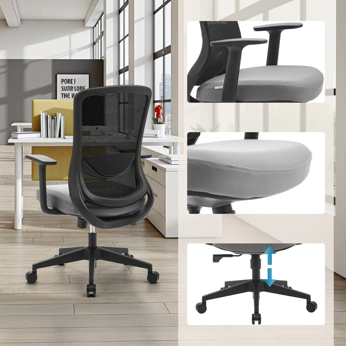 Silla Home Office Sedito en negro-gris con reposabrazos ajustables y muelle de gas de hjh OFFICE