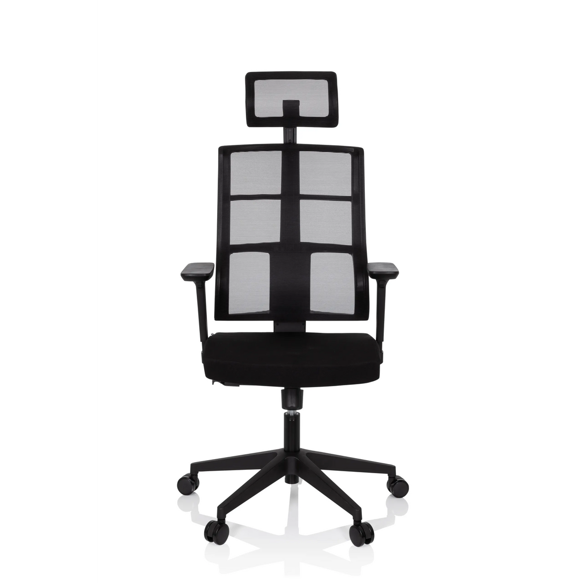 Silla de oficina profesional SPINIO PRO negra con respaldo de malla, reposacabezas y base de cinco ruedas de hjh OFFICE – vista de 360° (vista frontal 0°)