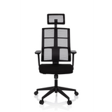Silla de oficina profesional SPINIO PRO negra con respaldo de malla, reposacabezas y base de cinco ruedas de hjh OFFICE – vista de 360° (vista frontal 0°)
