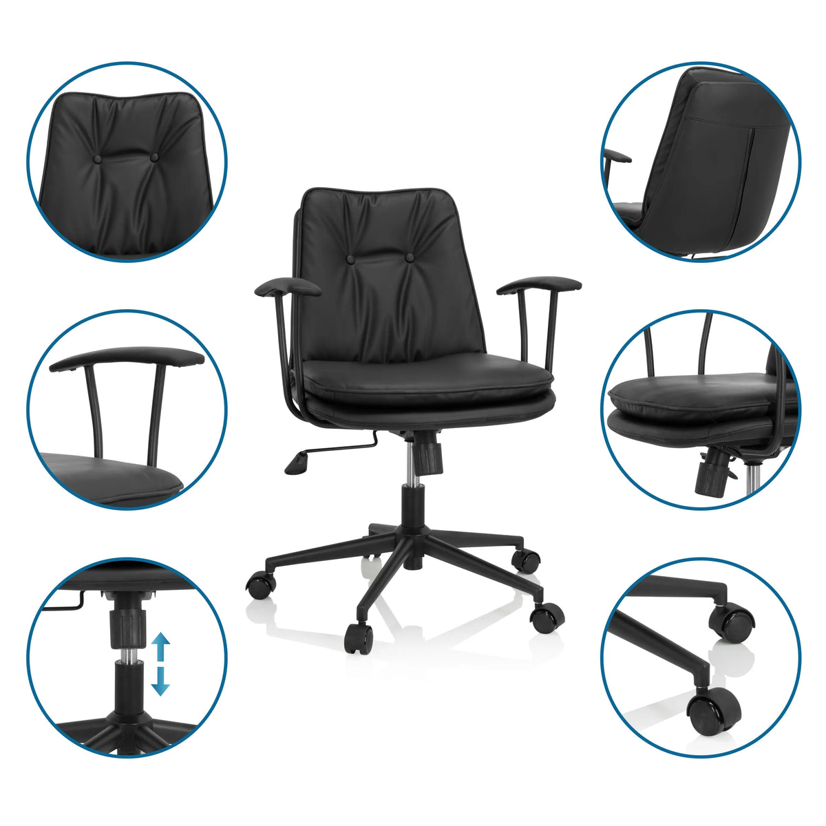 Silla Home Office SMALLO en color negro con vistas detalladas del respaldo, los reposabrazos y las ruedas de hjh OFFICE