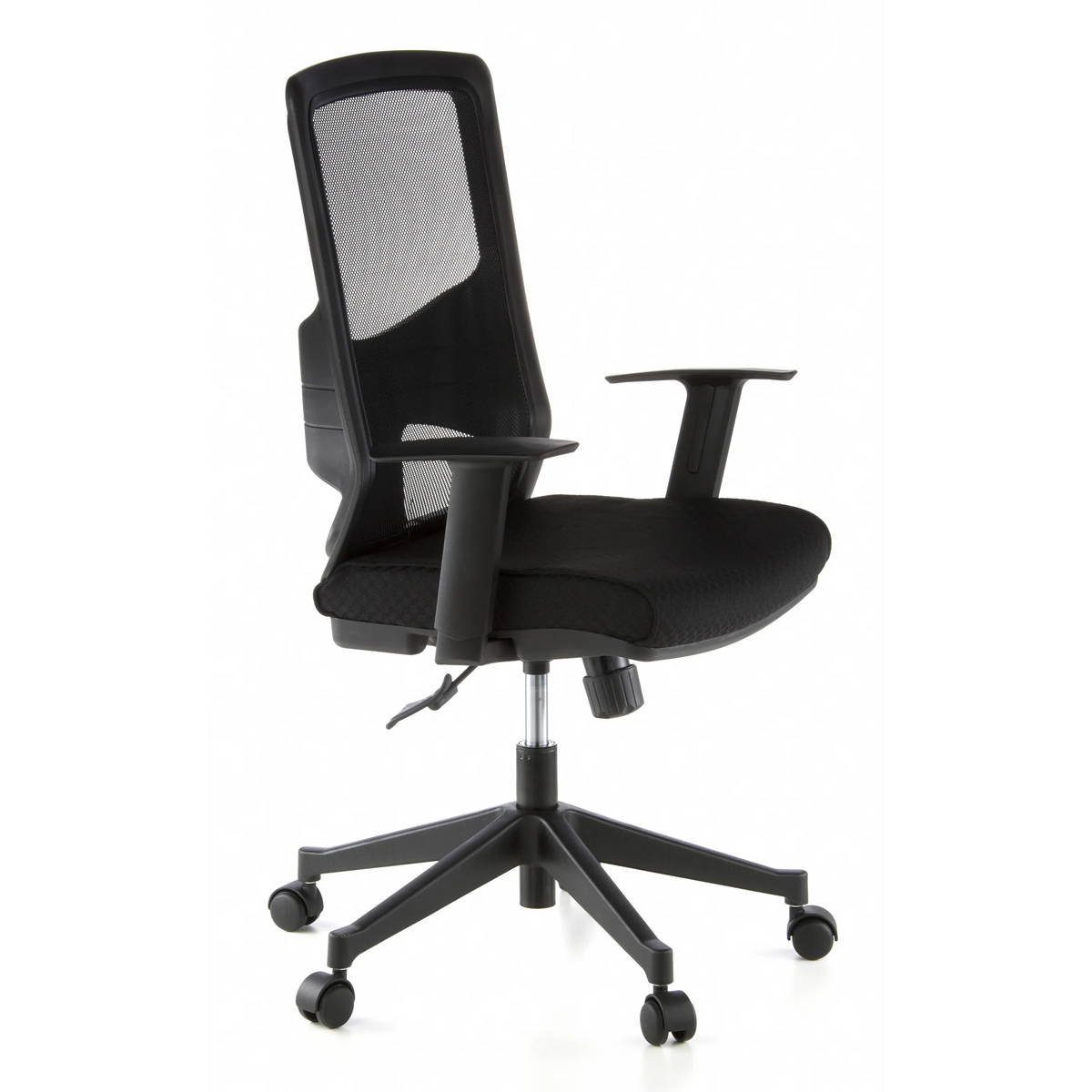 Silla de oficina profesional LAVITA negra con respaldo de malla y base de cinco ruedas de hjh OFFICE – vista de 360° (vista frontal en diagonal 60°)
