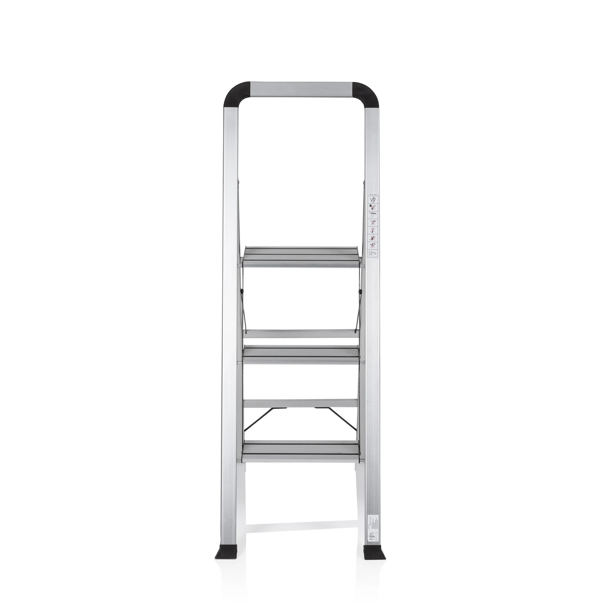 Silberne Klappleiter SOLID V aus Aluminium mit drei Stufen und Handgriff von hjh OFFICE – 360-Grad-Ansicht (Frontansicht 0°)