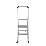 Silberne Klappleiter SOLID V aus Aluminium mit drei Stufen und Handgriff von hjh OFFICE – 360-Grad-Ansicht (Frontansicht 0°)