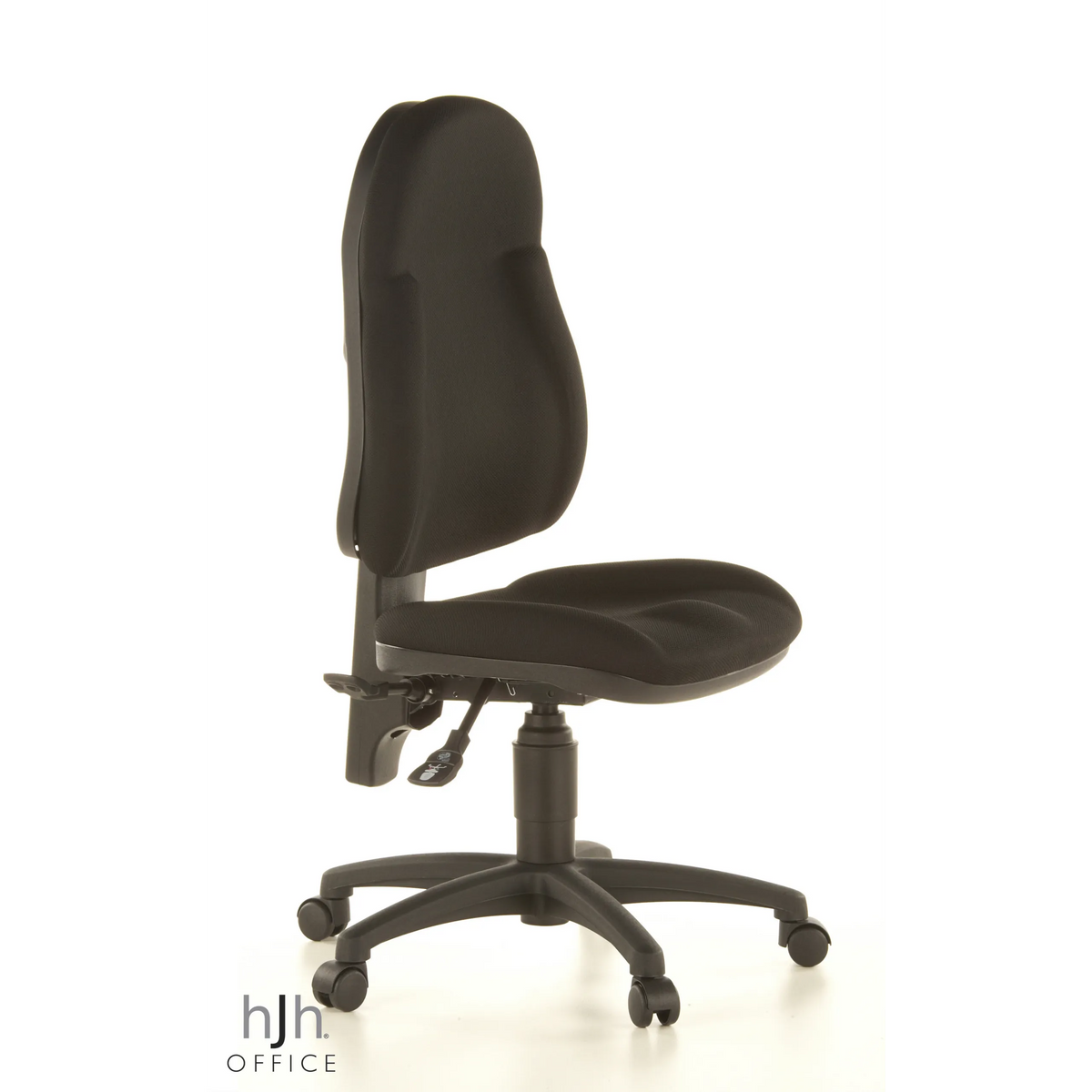 Silla Home Office WELLPOINT 10 negra con base de estrella y cinco ruedas de Topstar – vista de 360° (vista frontal en diagonal 60°)