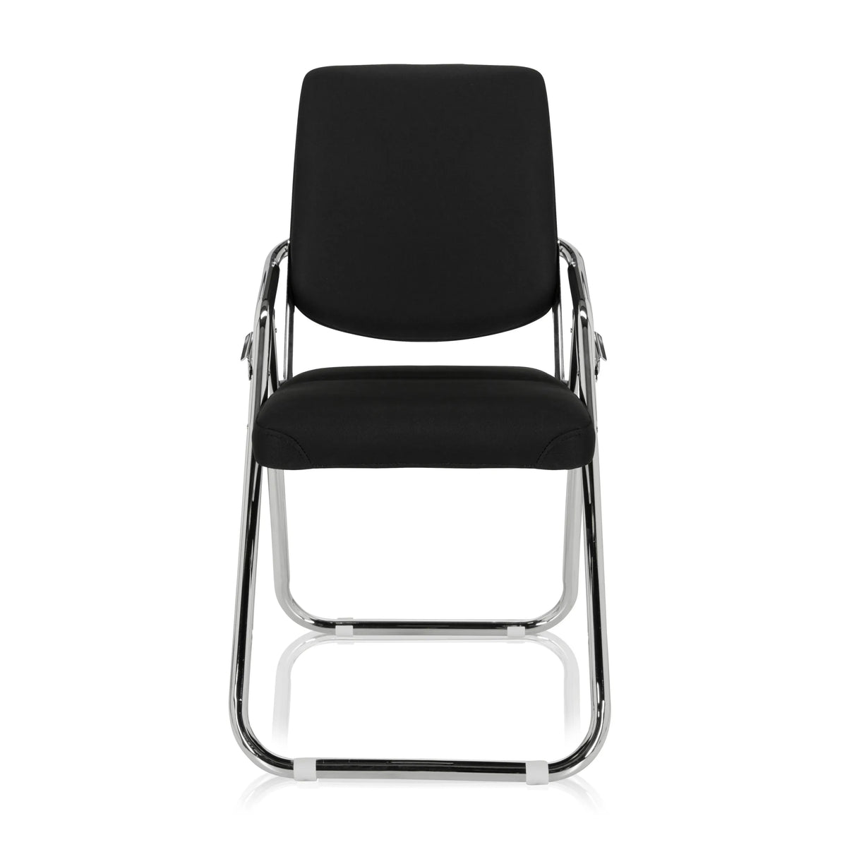 Silla plegable ESTO negra con funda de tela y estructura cromada de hjh OFFICE – vista de 360° (vista frontal 0°)