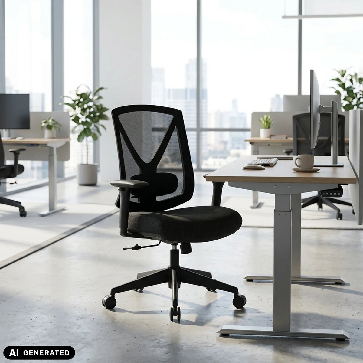 Silla de oficina profesional Mirou negra con respaldo de malla y ruedas delante de un escritorio de hjh OFFICE (imagen generada por IA)