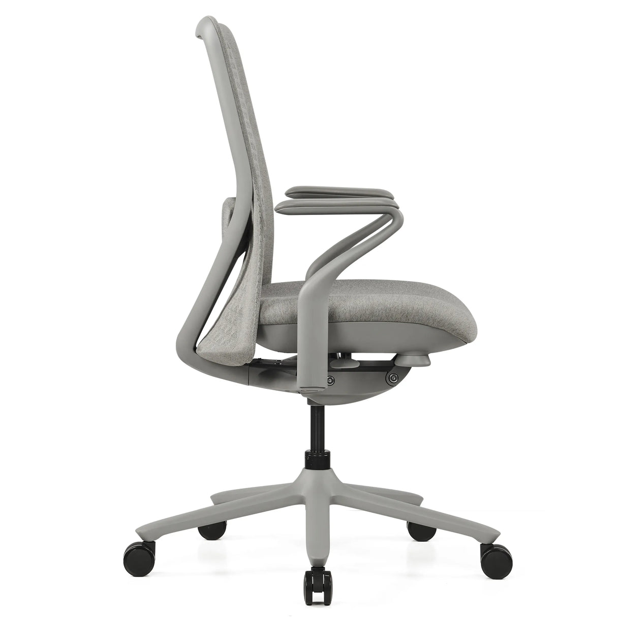Silla alta gama VERVIO de color gris en vista lateral con base de ruedas y reposabrazos de hjh OFFICE