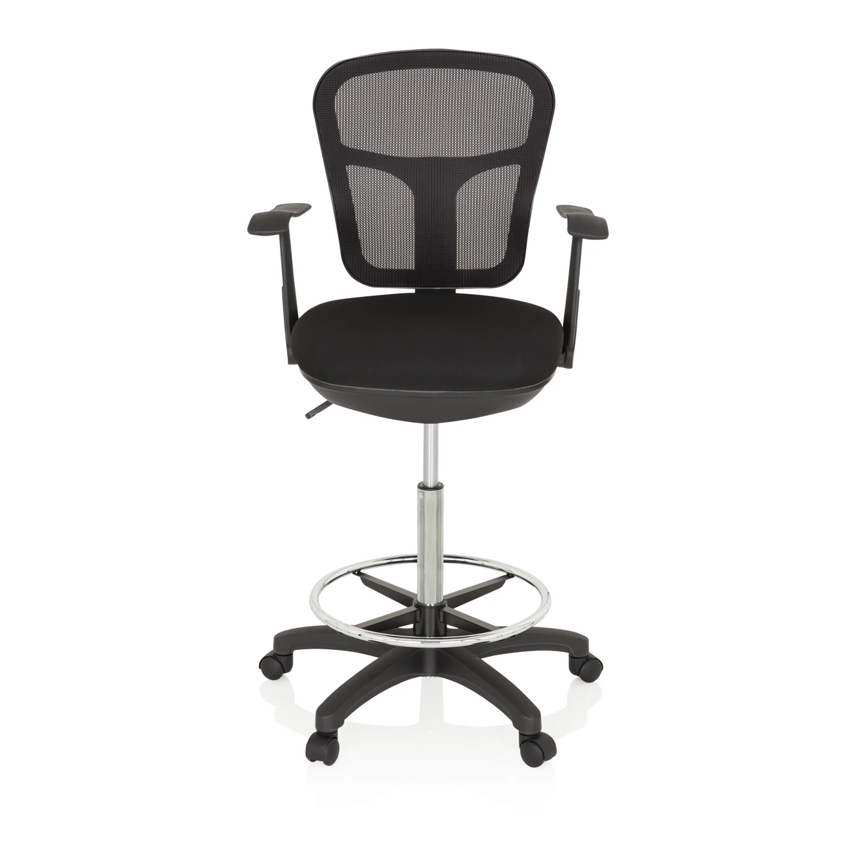 Silla de mostrador TOP WORK 108 negra con respaldo de malla, aro reposapiés y base de cinco ruedas de hjh OFFICE – vista de 360° (vista frontal 0°)