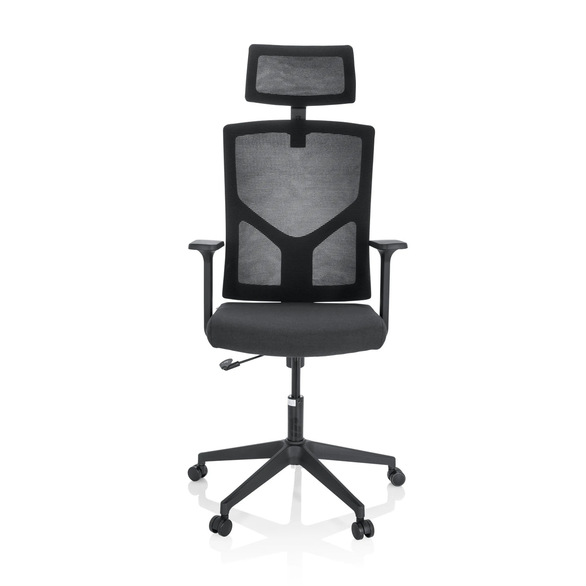 Silla Home Office BRETON B negra con respaldo de malla, reposacabezas y base de cinco ruedas de hjh OFFICE – vista de 360° (vista frontal 0°)