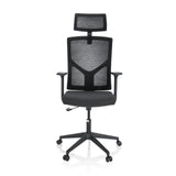 Silla Home Office BRETON B negra con respaldo de malla, reposacabezas y base de cinco ruedas de hjh OFFICE – vista de 360° (vista frontal 0°)