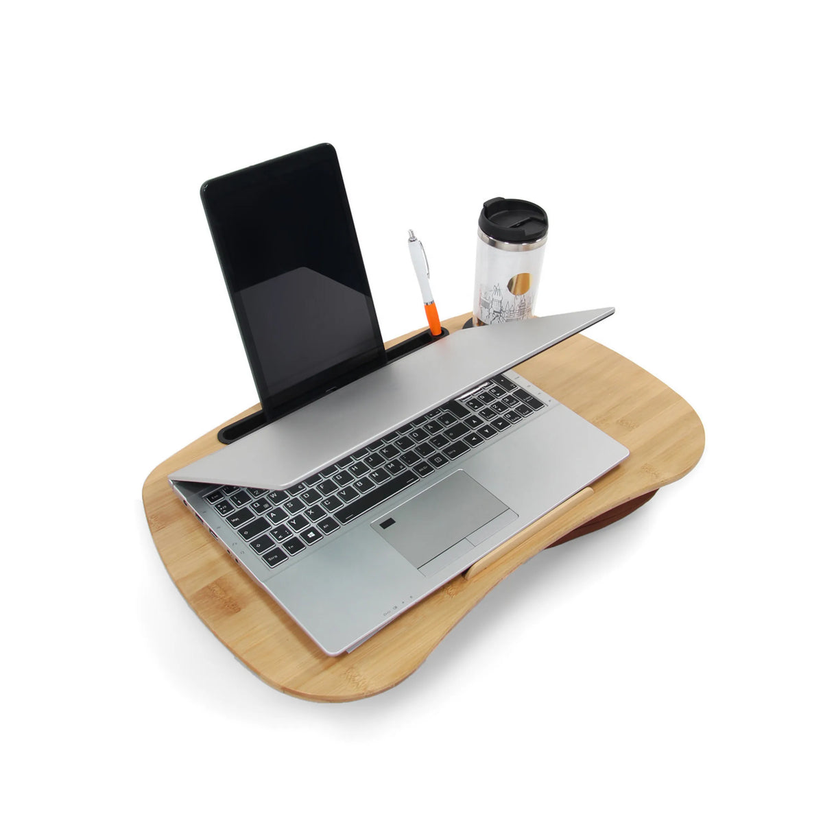 Soporte para portátil COMFILAP I marrón de bambú con portátil, bolígrafo y taza de hjh OFFICE