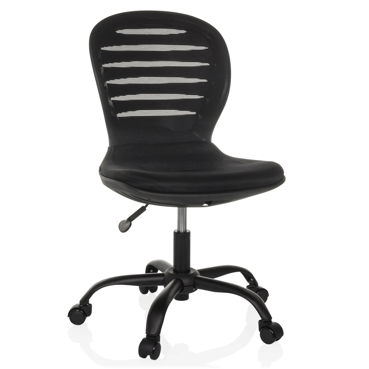 Schwarzer Homeoffice-Bürostuhl CASLA mit Netzrücken und Fußkreuz mit fünf Rollen von hjh OFFICE – 360-Grad-Ansicht (Frontansicht 15°)