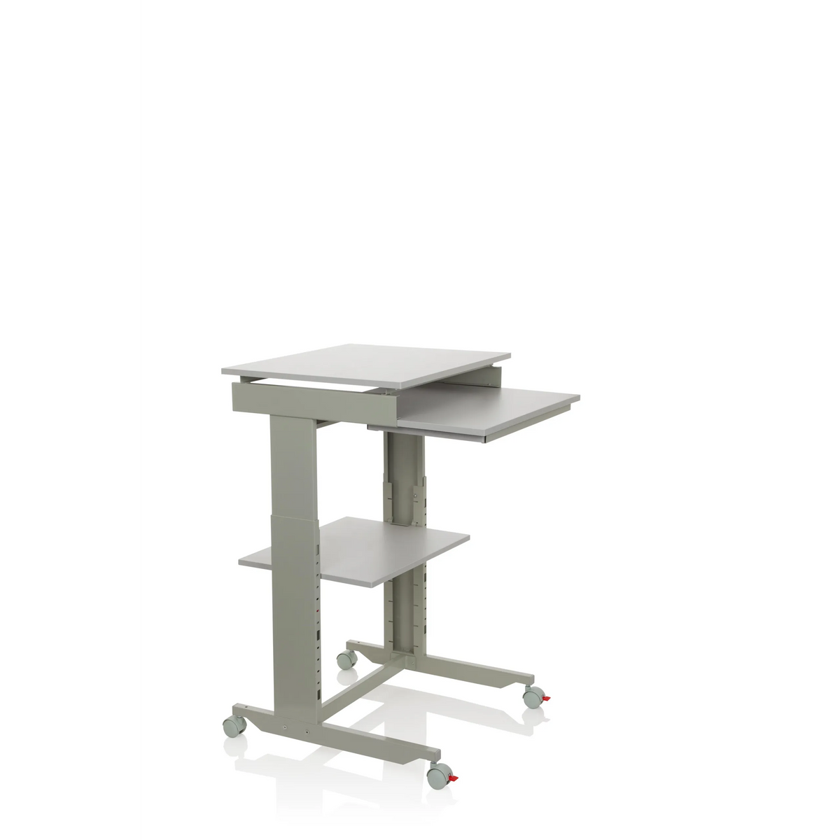 Escritorio de pie gris WORKSTATION con superficie de apoyo y cuatro ruedas de hjh OFFICE – vista de 360° (vista frontal en diagonal 60°)