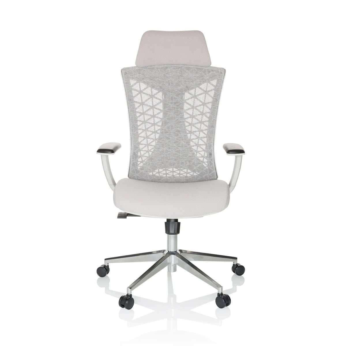 Silla de oficina profesional FALEO W gris con respaldo de malla y base de cinco ruedas de hjh OFFICE – vista de 360° (vista frontal 0°)