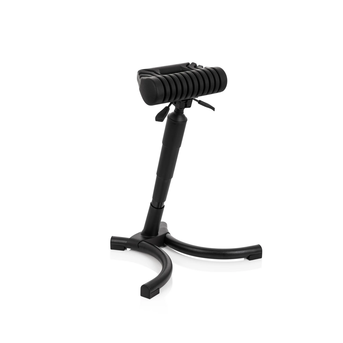 Asiento de pie TOP WORK 33 negro con asiento acolchado y base de tres patas de hjh OFFICE – vista de 360° (vista frontal en diagonal 40°)