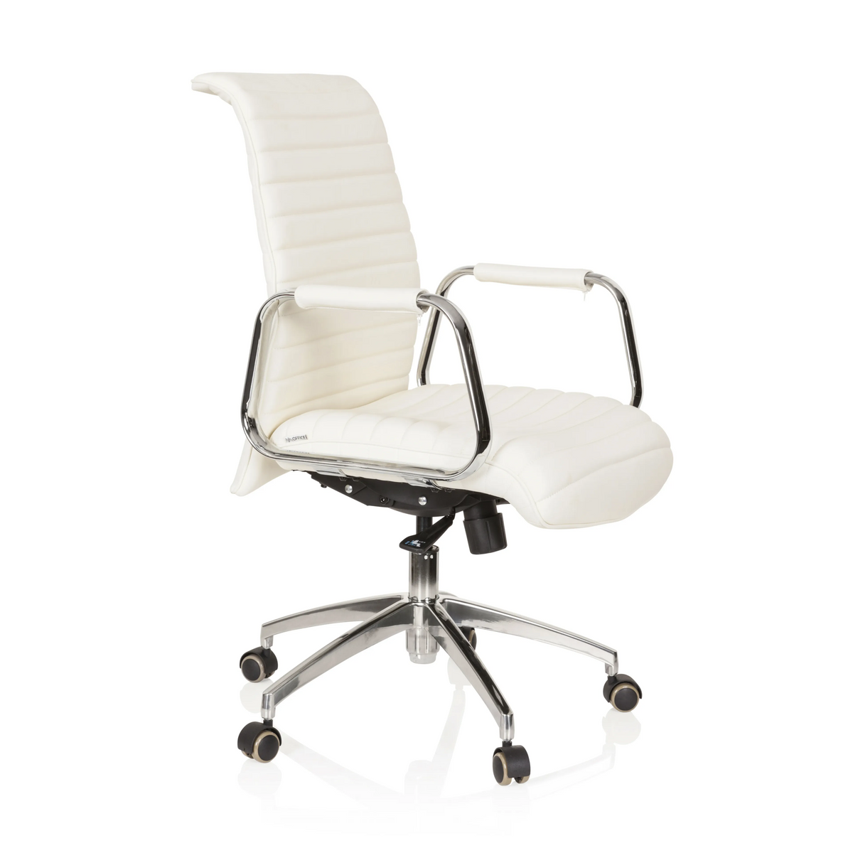 Sillón de oficina profesional ASPERA 10 en color blanco crema con reposabrazos y base de cinco ruedas de hjh OFFICE – vista de 360° (vista frontal en diagonal 60°)
