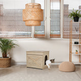 Casa para gatos KITTY PAWBOX 1 en aspecto roble con entrada circular y decoración frontal de hjh LIVING