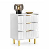 Cómoda blanca Hjelle K con tres cajones acanalados, tiradores dorados y cuatro patas de color dorado de hjh LIVING