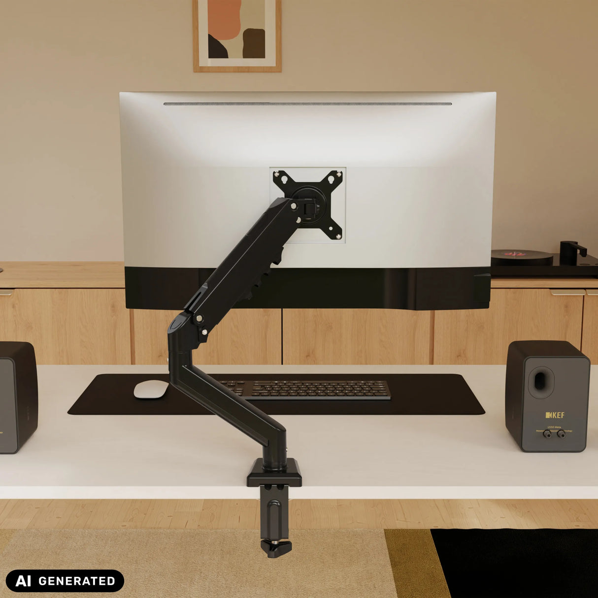 Soporte de monitor Ergomount GF1 negro con brazo articulado en un escritorio de hjh OFFICE (imagen generada por IA)