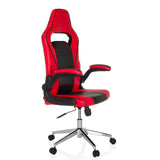 Silla gaming GAME SPORT PRO en color rojo y negro con reposabrazos y base de cinco ruedas de MyBuero – vista de 360° (vista frontal en diagonal 45°)