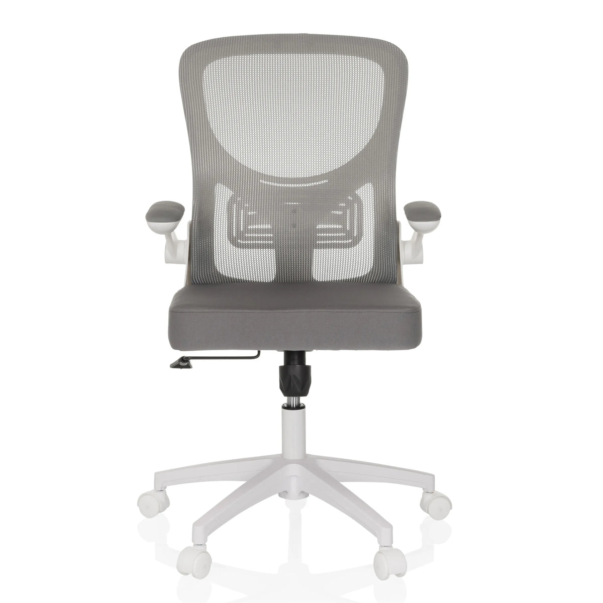 Silla Home Office BELIO W gris con respaldo de malla y base blanca de cinco ruedas de hjh OFFICE – vista de 360° (vista frontal 0°)