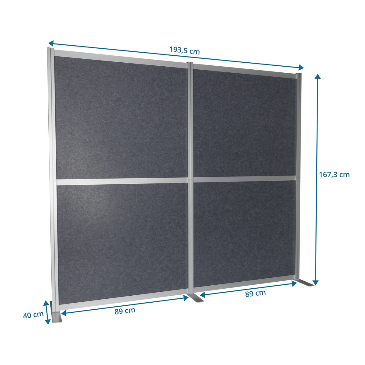 Dibujo dimensional del separador FLEXMIUT MODUL de 193,5 × 167,3 cm en gris de hjh OFFICE