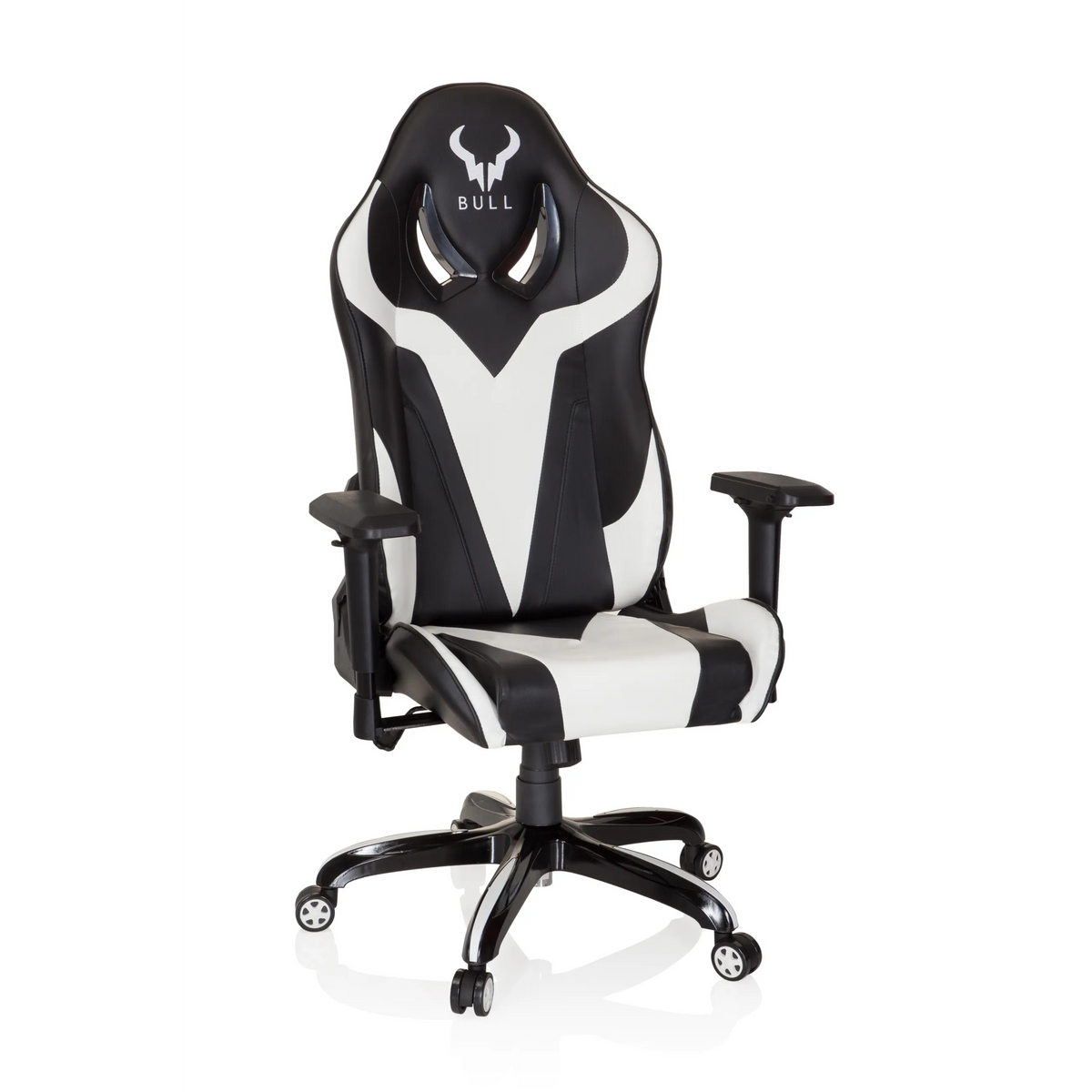 Silla gaming PROMOTER I en blanco y negro con reposabrazos y base de cinco ruedas de hjh OFFICE – vista de 360° (vista frontal 20°)