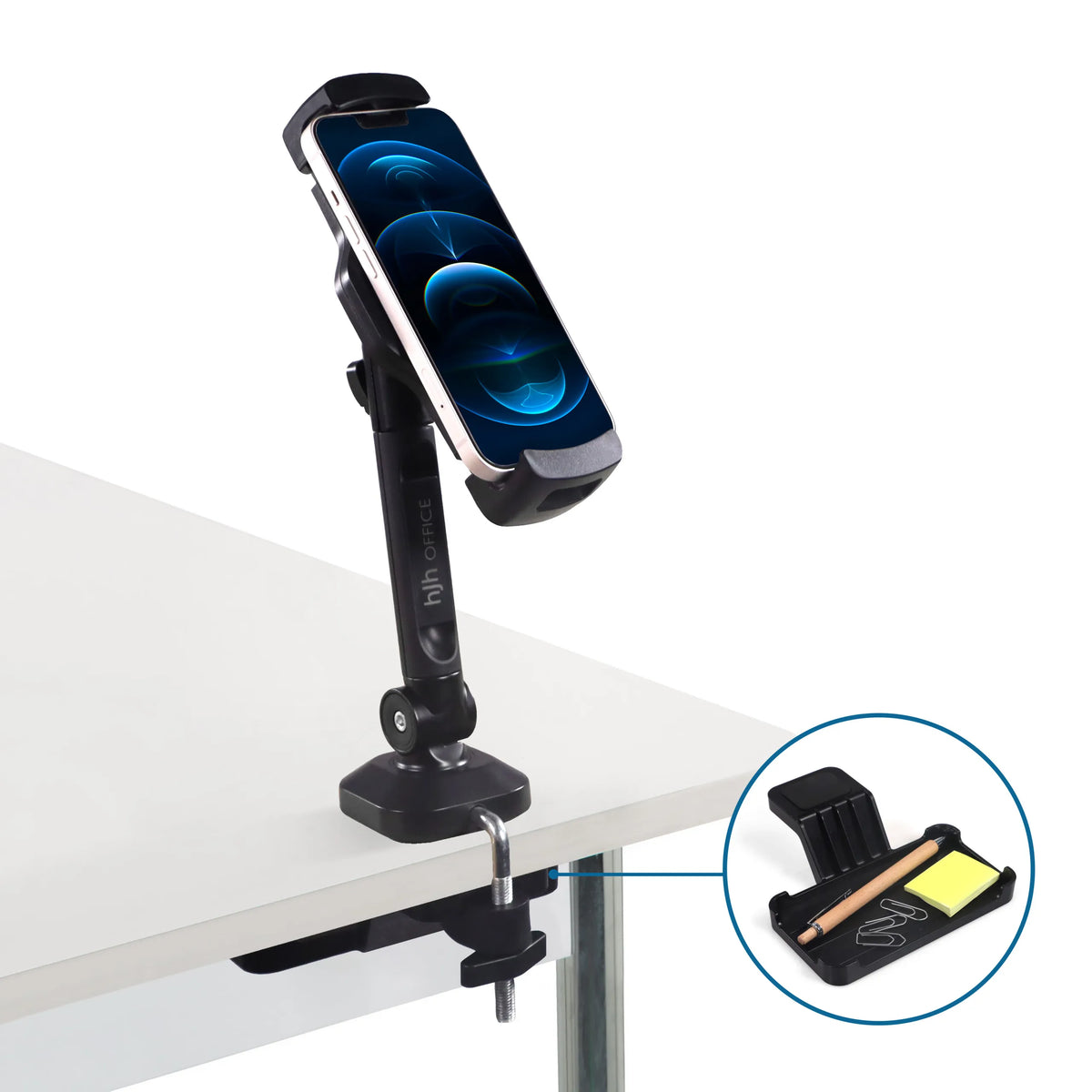 Abrazadera de mesa con bandeja integrada para bolígrafos y notas para el Soporte para teléfono móvil y tableta FLEXMOBI III de hjh OFFICE