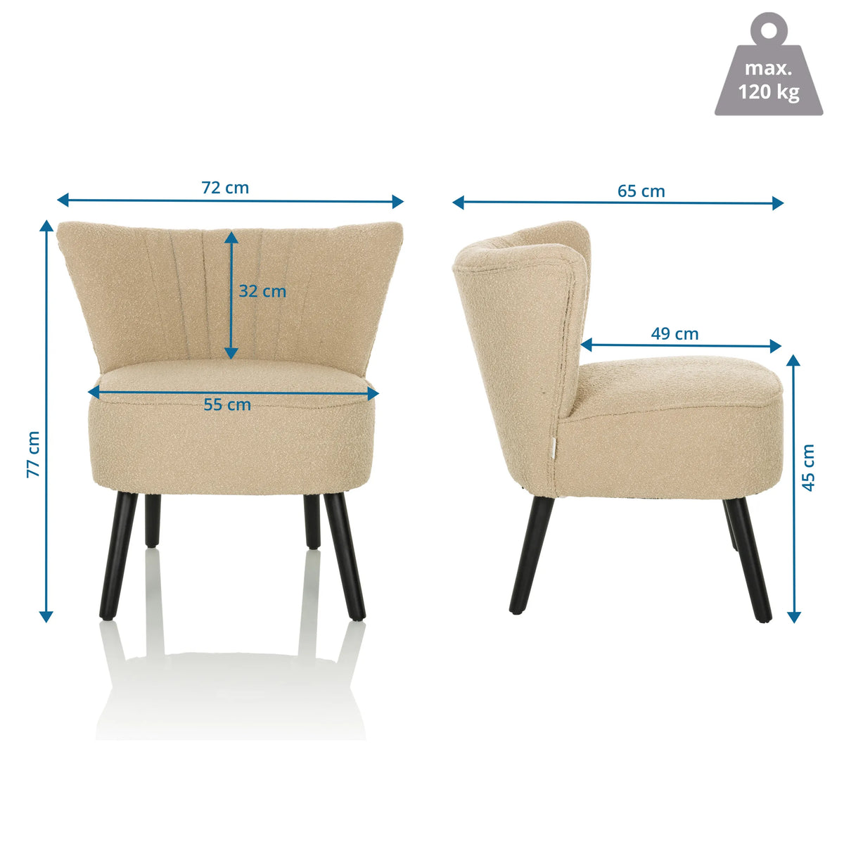 Dibujo dimensional del Sillón de diseño MANISO con un ancho de 72 cm y una altura de 77 cm de hjh LIVING