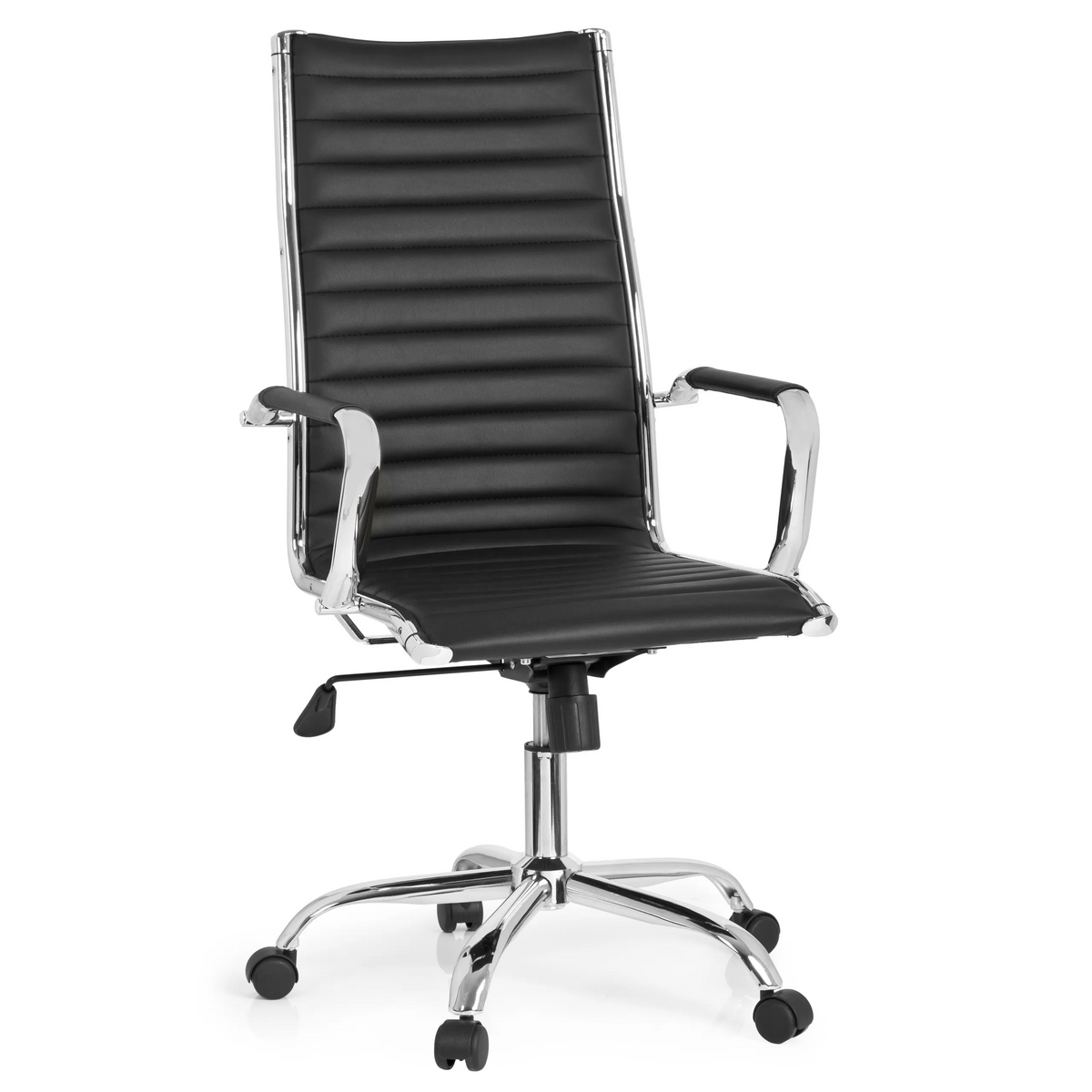 Sillón de oficina profesional VEMONA 20 negro con costuras transversales, reposabrazos y base de cinco ruedas de hjh OFFICE – vista de 360° (vista frontal 20°)