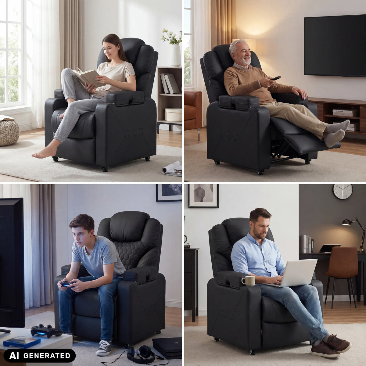 Sillón de diseño Game Sport RX negro en diversas situaciones de uso de hjh OFFICE (imagen generada por IA)