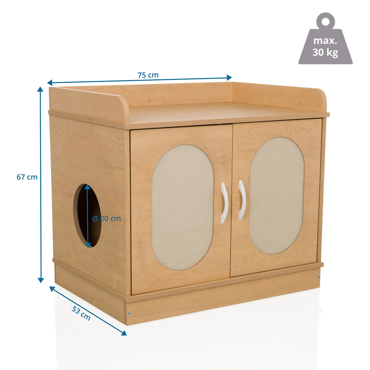 Vista de dimensiones de la Casa para gatos KITTYHOME 2 con 75 × 67 cm y carga máxima de 30 kg de hjh LIVING