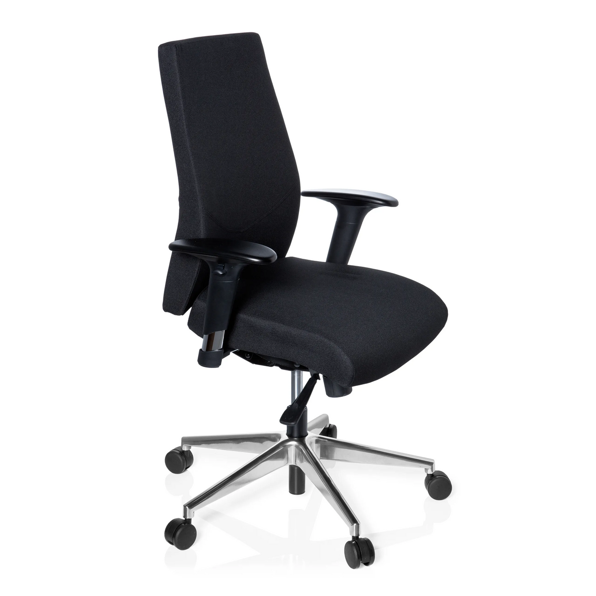 Silla de oficina profesional PRO-TEC 250 negra con reposabrazos y base de cinco ruedas de hjh OFFICE – vista de 360° (vista frontal en diagonal 60°)